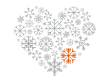 Graphic of snowflakes in the shape of a heart, one is orange.