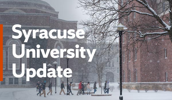Photo students walking across snowy campus, with headline "Syracuse University Update"